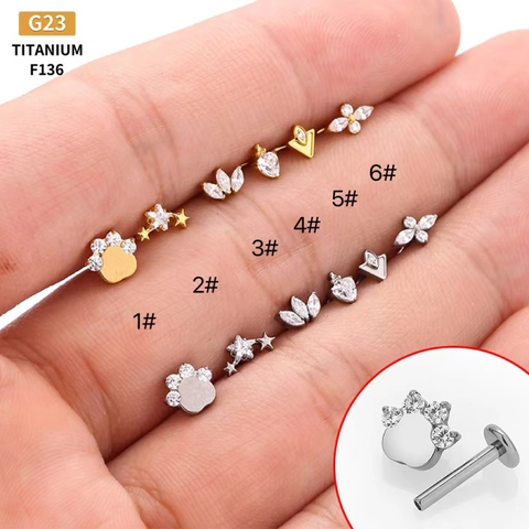 G23 Titanium Internally Threaded Labret Lip Studs Cartilage Earrings Zircon Star Heart Flower Piercing Body Jewelry