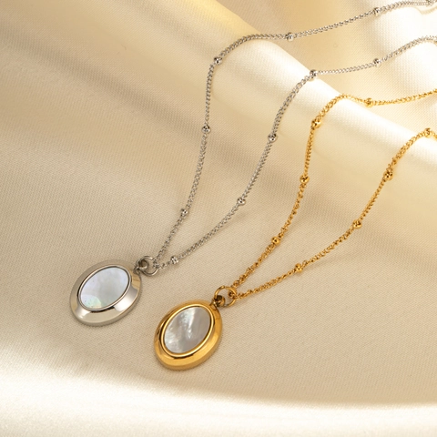 Ovaler Perlmutt Anhänger Halskette Edelstahl Kugelkette Eleganter Schlüsselbein Schmuck Für Damen