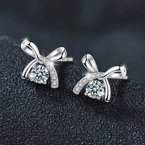 Moissanite Bow Knot Stud Earrings 925 Sterling Silver Earring Post Ribbon Design Elegant Minimalist Jewelry For Women