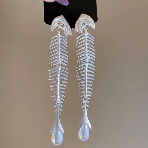 Orecchini Pendenti A Lisca Di Pesce Con Perla Artificial Sintetica E Strass Design Punk Unico Perno In Argento Sterling 925