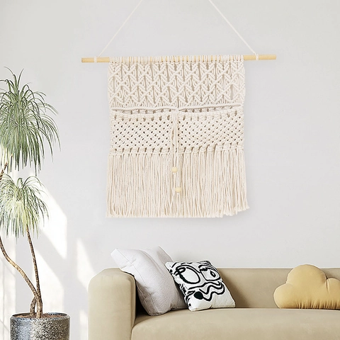 Bohemian Macrame Wall Hanging Storage Pocket Cotton Rope Hand Woven Tapestry With Tassels For Home Decor