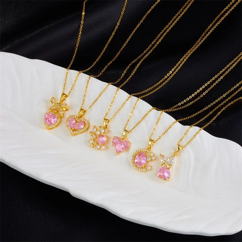 Collana Con Pendente A Cuore In Zircone Rosa Placcata Oro Acciaio Al Titanio Fiocco Luna Coniglio Gioielli Romantici Da Donna