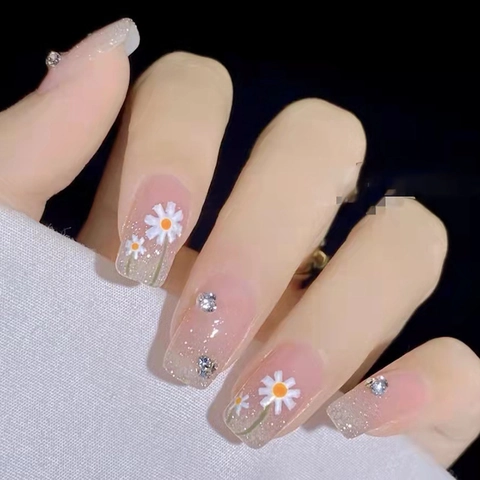 Pinker Farbverlauf Press On Nägel Mit Gänseblümchen Design Strass Glitzer Dekoration Falsche Nägel Für Frauen