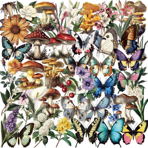 Autocollants PET Botaniques Vintage Papillon Imperméables Transparents Plantes Rétro Champignons Décalcomanies pour Scrapbooking Journal