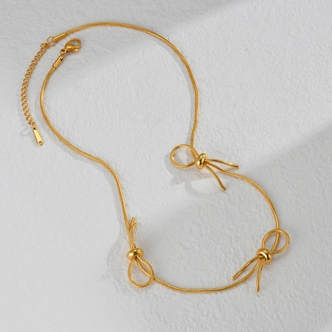Collar Con Nudo De Lazo Chapado En Oro Acero Inoxidable Cadena De Serpiente Elegante Mujer