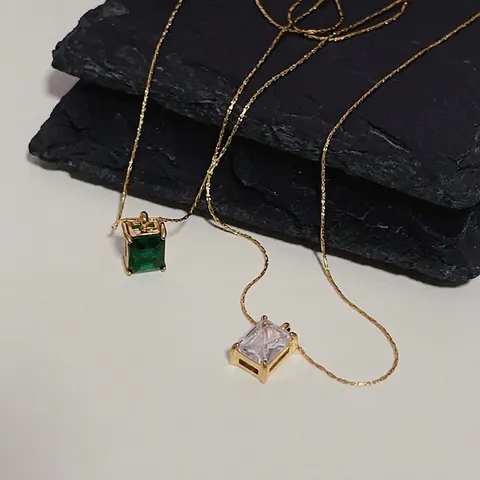 Rectangle Zircon Pendant Necklace Titanium Steel 18k Gold Plated Emerald Green Clear Stone Minimalist Jewelry Women