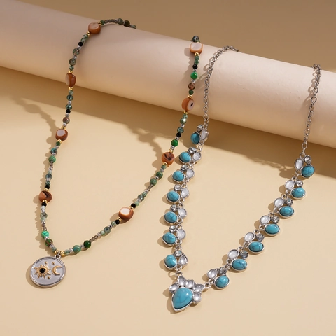 Collana Con Pendente In Acciaio Inossidabile Bohemien Sole Luna Stella Pietra Perline Retro Stile Etnico Gioielli Donna