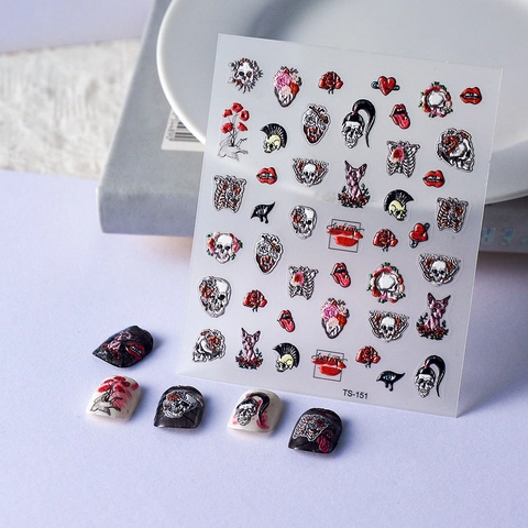 Adesivi Per Unghie 5D Rilievo Gotico Punk Teschio Cuore Fiore Impermeabile Decorazione Manicure