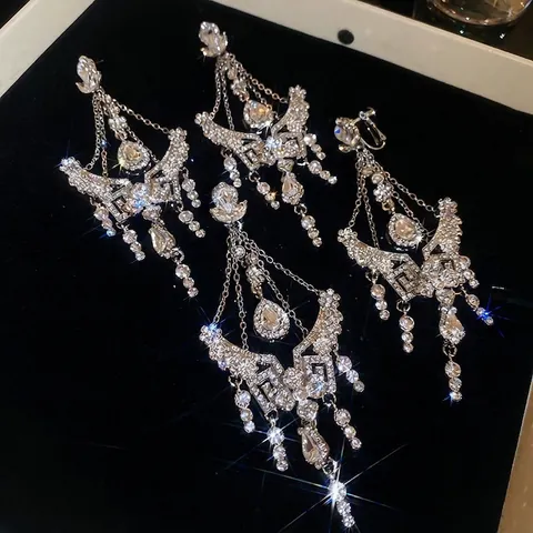 Flower Water Drop Tassel Chandelier Earrings Alloy Rhinestone With 925 Sterling Silver Earring Post Luxury For Women