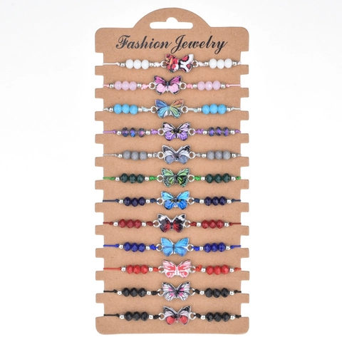 Butterfly Charm Woven Bracelets Alloy Rhinestone Colorful Beaded Handmade Adjustable Jewelry For Women Girls