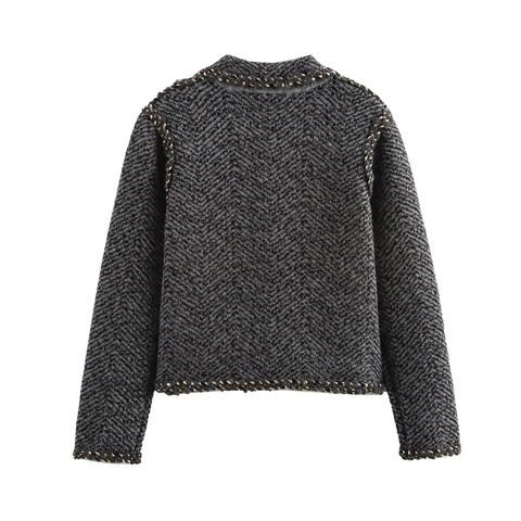 Veste En Tricot À Chevrons Pour Femmes Cardigan Court Style Tweed Bordure Tressée Boutons Métalliques Élégant