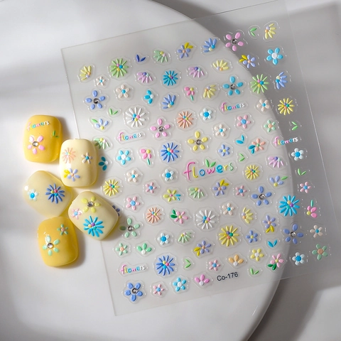 5D Relief Nagelaufkleber Blumen Gänseblümchen Macaron Farben Wasserdicht Selbstklebend Maniküre Dekoration Für Damen