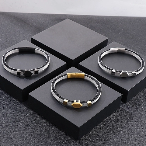 Pulsera Punk Hombre Acero Inoxidable 316L Malla Y Cuerda Trenzada Doble Capa Hexágono Geométrico Cierre Magnético Joyería
