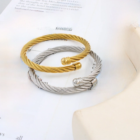 Stainless Steel Twisted Cable Bangle Bracelet Open Adjustable Minimalist Spiral Texture Fashion Jewelry For Women Ball Ends