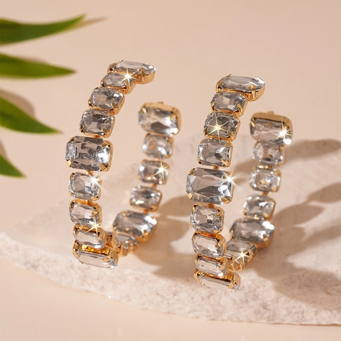 Exaggerated Geometric Hoop Earrings Alloy Square Rhinestone Jewelry With 925 Sterling Silver Earring Post Luxury Women