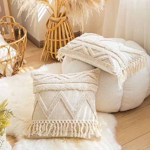 Böhmischer Getufteter Kissenbezug Baumwolle Leinen Geometrisches Muster Kissenhülle Mit Handgefertigten Quasten Für Sofa