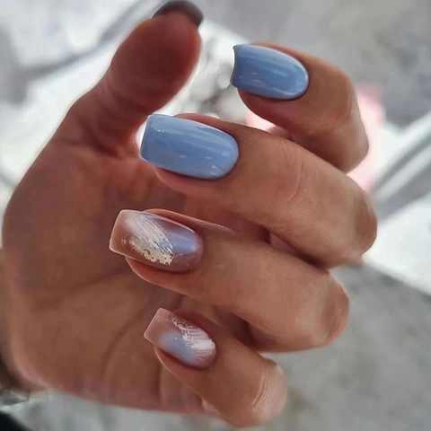 Press On Nails Blue Graffiti Marble Smudge Gold Foil Short Square Artificial Fake Nails For Women Manicure