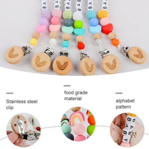 Rainbow Baby Pacifier Clip Silicone Beads Beech Wood Crochet Ball Teether Anti Drop Chain Alphabet Letters