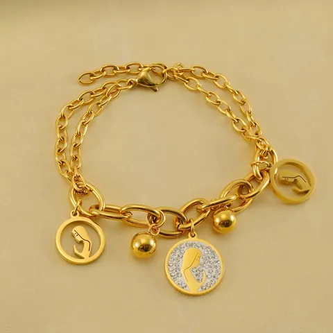 Stainless Steel Layered Charm Bracelet 18K Gold Plated Hollow Portrait Pendant Rhinestone Mother Child Silhouette Fashion For Women