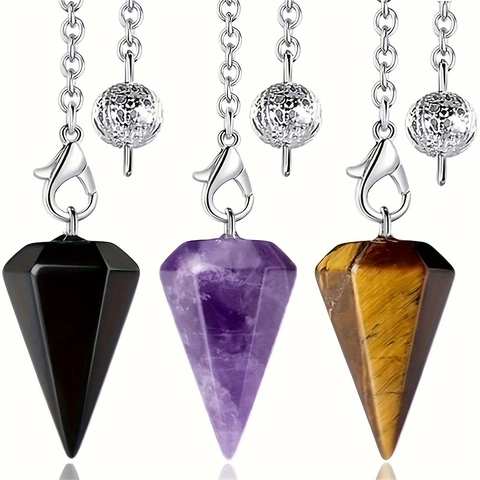 Natural Crystal Gemstone Hexagonal Cone Pendulum Pendant Necklace For Dowsing Divination Meditation Healing Alloy Chain