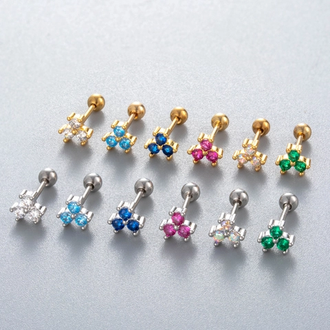 Cartilage Ear Stud Stainless Steel Post Tiny Zircon Three Stone Flower Cluster Piercing Jewelry Minimalist Screw Ball Back