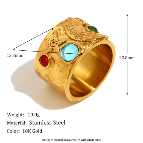 Wide Band Ring Stainless Steel 18K Gold Plated Colorful Zircon Gemstones Moon Star Embossed Retro Hammered Style Women