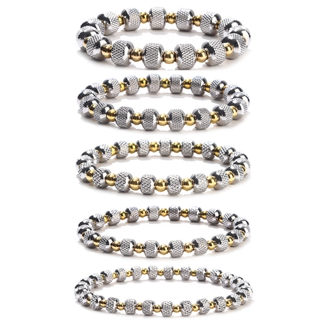 Bracciale Di Perle In Acciaio Inossidabile Bicolore Oro Argento Strutturato Elastico Gioielli Impermeabile Regalo
