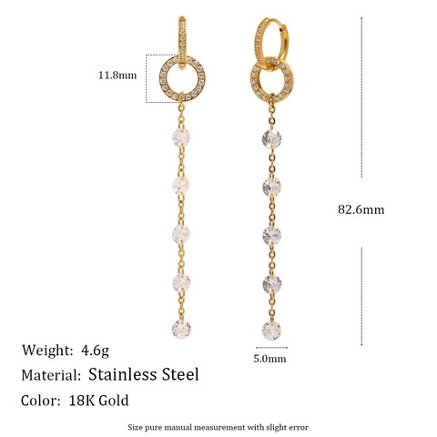 Boucles D'oreilles Longues À Pampilles En Acier Inoxydable Plaqué Or 18K Zircone Bijoux Élégants Pour Femmes