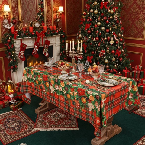 Christmas Tablecloth Red Plaid Polyester Rectangular Holiday Party Dining Table Cover Santa Snowman Print Home Decor