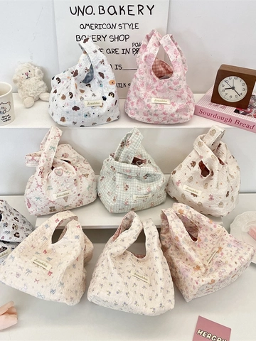 Simpatica Borsa A Mano In Seersucker Con Stampa Floreale Animali Borsa Trapuntata Organizzatore Per Pranzo Da Donna