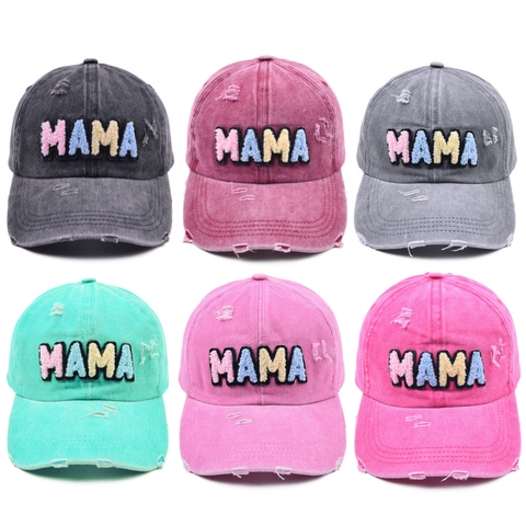 Washed Cotton Baseball Cap Distressed MAMA Chenille Patch Stickerei Vintage Verstellbarer Hut Für Frauen