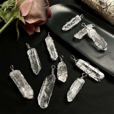 Natural Clear Quartz Hexagonal Point Pendant Handmade Silver Wire Wrapped Healing Crystal Stone Necklace Jewelry