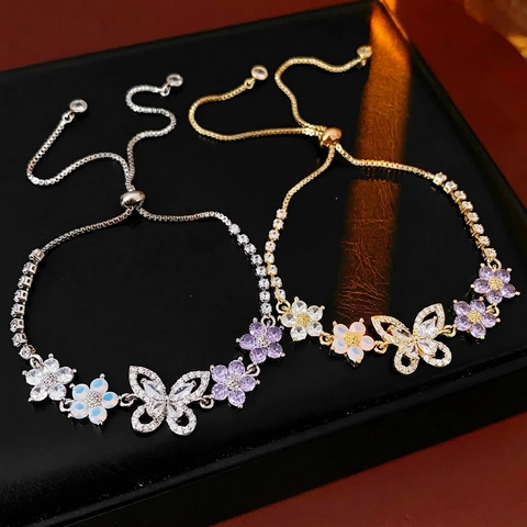 French Vintage Butterfly Flower Copper Bracelet With Zircon And Opal Adjustable Drawstring Jewelry Women Style