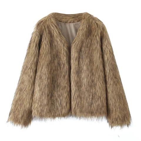 Women Faux Fur Short Jacket Elegant Solid Color V Neck Long Sleeve Fashion Warm Autumn Outerwear