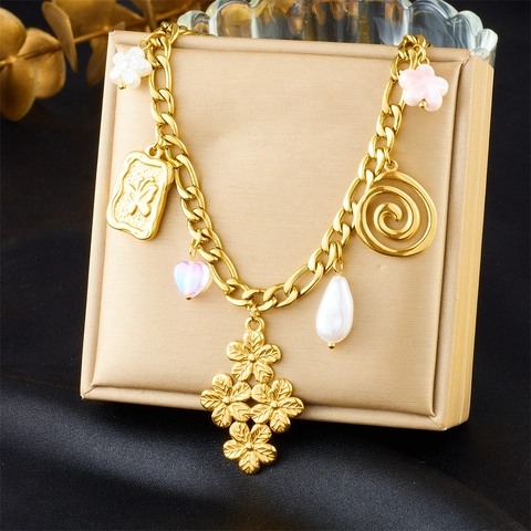 Collar De Moda Para Mujer Con Múltiples Dijes Acero Inoxidable Chapado En Oro Flor Mariposa Corazón Perla Artificial De Imitación