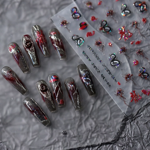 3D Chinese Dragon Nail Art Stickers Red Black Gothic Lycoris Radiata Decals Self Adhesive Holographic Laser Manicure Decor
