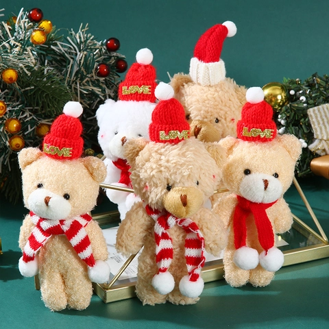 Christmas Plush Teddy Bear Doll Cute Blush Mini Bear Pendant With Knitted Hat And Scarf For Holiday Decoration Gift