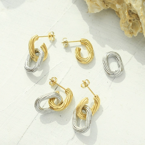 Titanium Steel Gold Silver Two Tone Oval Twisted Hoop Earrings For Women Geometric Minimalist Embossed Texture Earrings