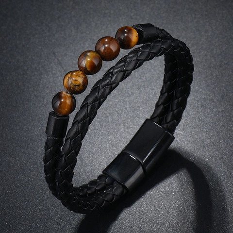 Double Layer Braided Leather Natural Stone Bead Bracelet Magnetic Buckle Retro Punk Style Jewelry Accessory For Men