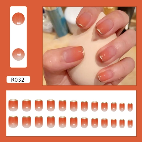 Französische Gradient Ombre Künstliche Nägel Mit Goldrand Kurze Quadratische Glänzende Künstliche Fingernägel