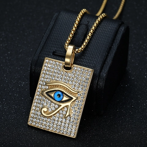 Eye Of Horus Anhänger Halskette Edelstahl Iced Out Rhinestone Hip Hop Schmuck Für Herren Blau Ägyptisch