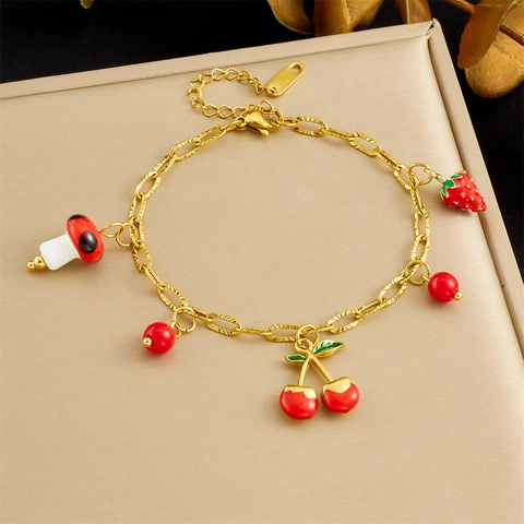 Charm Bracelet Stainless Steel Gold Plated Enamel Strawberry Cherry Mushroom Pastoral Sweet Jewelry For Women