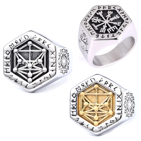 Viking Signet Ring Stainless Steel Hexagonal Nordic Runes Vegvisir Compass Tree Of Life Retro Punk Jewelry For Men