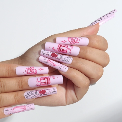 Unghie Finte Press On Halloween Long Coffin Rosa Opaco Artificiali Con Disegni Di Ragnatela Zucca Cuore Per Donne