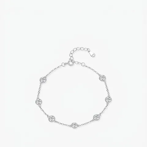 925 Sterling Silver Bracelet Round Clear Cubic Zirconia Bezel Set Adjustable Station Chain Minimalist Jewelry For Women