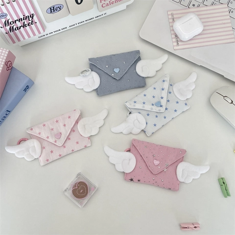 Cute Angel Wings Mini Coin Purse Envelope Style Polyester Star Print Heart Button Earphone Storage Bag Portable Pouch