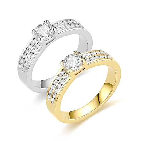 Round Zircon Stainless Steel Ring For Women Double Row Pave Wedding Engagement Jewelry Fashion Geometric Gold Silver Tone