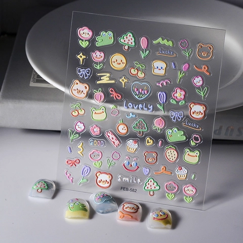 Autocollants Pour Ongles 5D Relief 3D Dessin Animé Grenouille Ours Fleur Cœur Mignon Autocollant Imperméable Déco Ongles