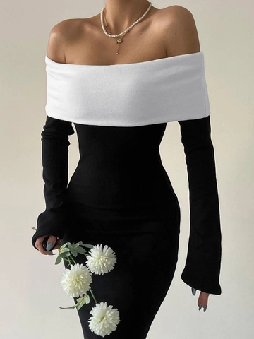 Vestido Maxi Con Hombros Descubiertos Color De Contraste Manga Larga Ajustado Dobladillo De Sirena Elegante Fiesta
