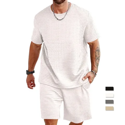 Men Waffle Knit T-Shirt And Shorts Summer Casual Sport Solid Color Round Neck Leisure Relaxed Fashion Outfit